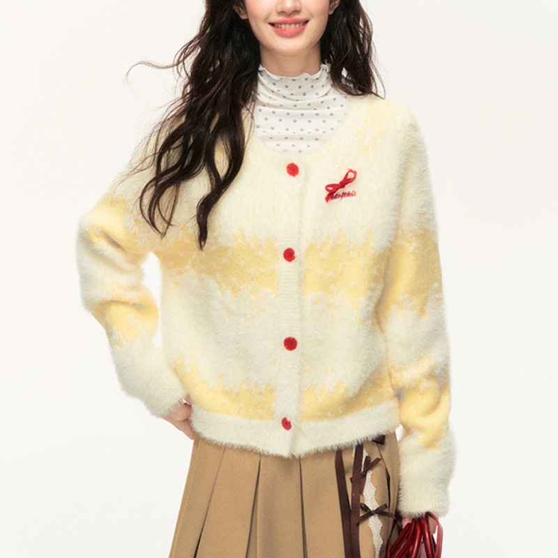 Amarillo lechoso largo cabello gradiente rayas sueltas cardigan de punto universal arco dulce suéter de viento perezoso abrigo mujer image 7