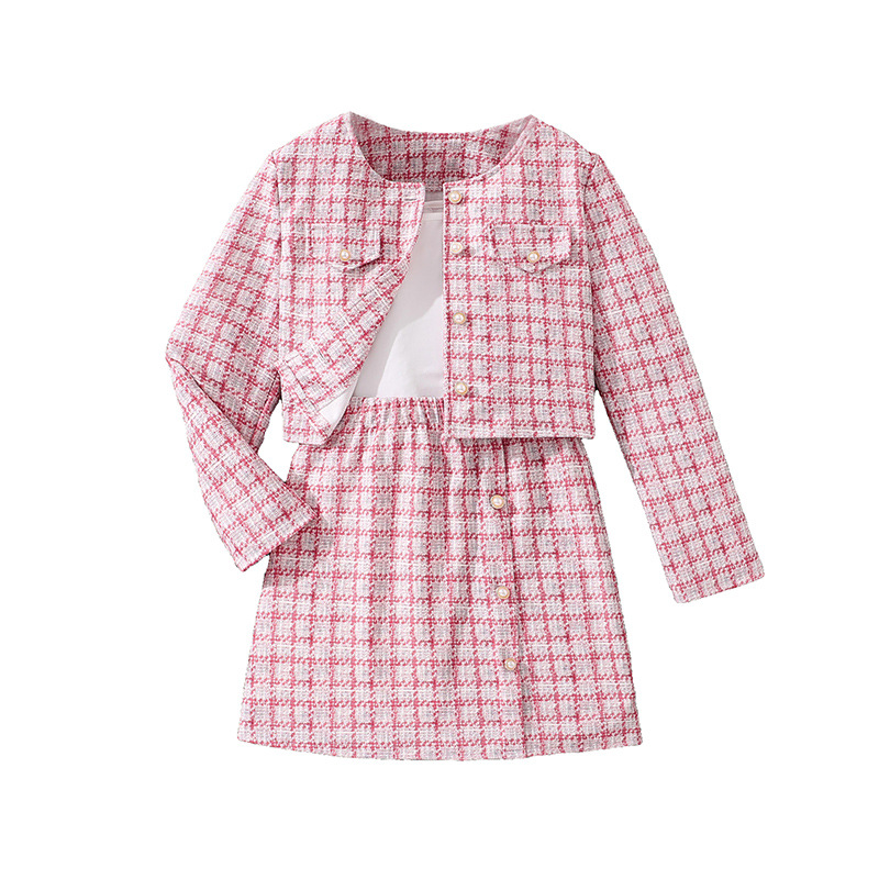 Trajes de niñas europeas y estadounidenses transfronterizos, chaleco de manga larga + chaleco de color sólido + falda de corto a cuadros