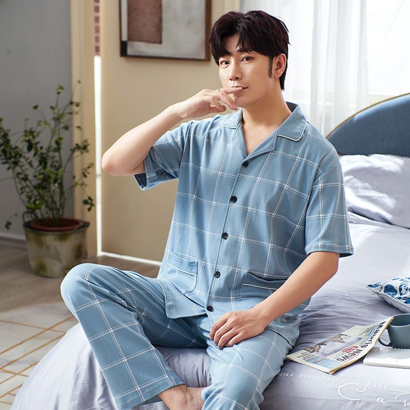 Pijamas pantalones de manga corta para hombres algodón verano delgado cardigan solapa ropa para el hogar más traje de tamaño