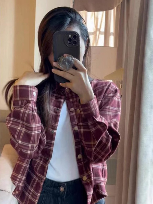 磨毛格子衬衫女短款外套春秋2025新款爆款长袖上衣小个子开衫衬衣|undefined