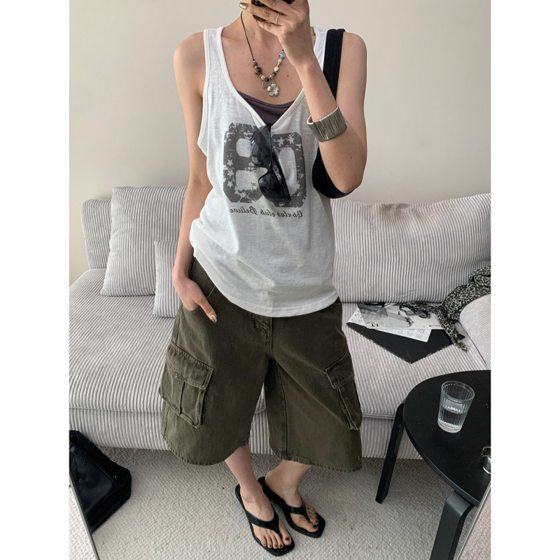 Doris Retro Letter Print Vest Women's Summer Two-Piece Set Loose Sleeveless Suspender Workwear Style Layered Top