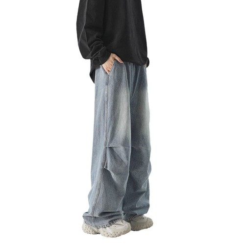 American Retro Pouched Wide-Leg Washed Streetwear Jeans for Men Autumn Loose Casual Long Pants