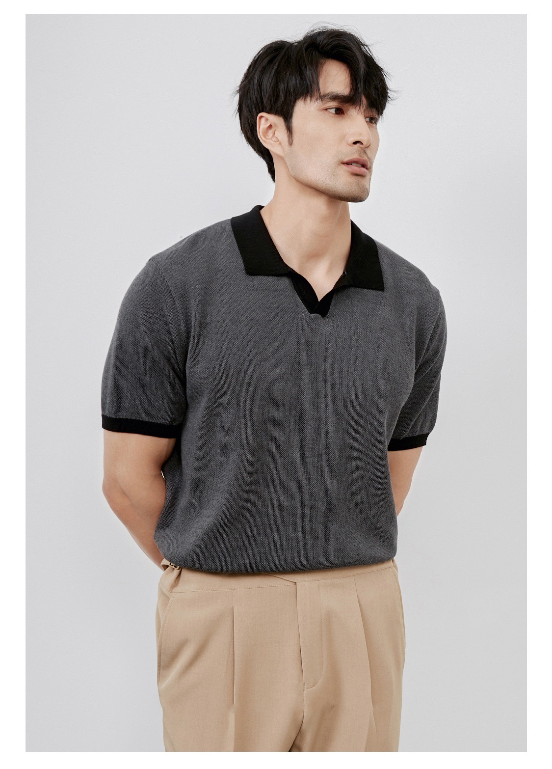 Men's Casual Polo Shirt British Retro High End Lapel Knitted Short Sleeve T-Shirt Breathable Slim Fit Business Top_viptrois.com