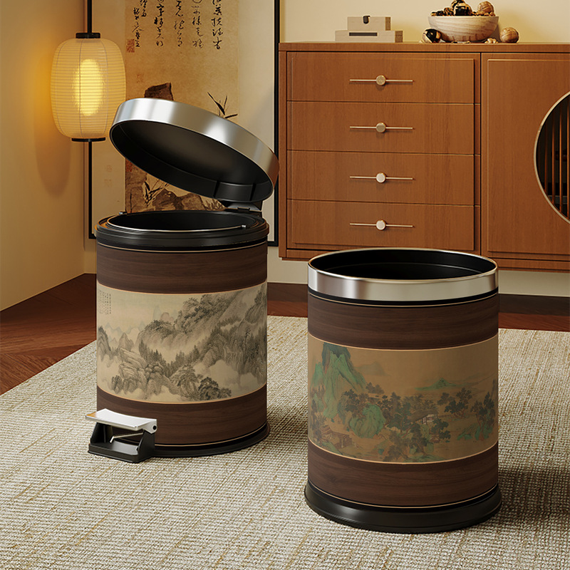 New Chinese Style Song Dynasty Aesthetic Leather Trash Can for Home Living Room, Bedroom, Kitchen, Commercial Bathroom, Large Capacity Paper Basket