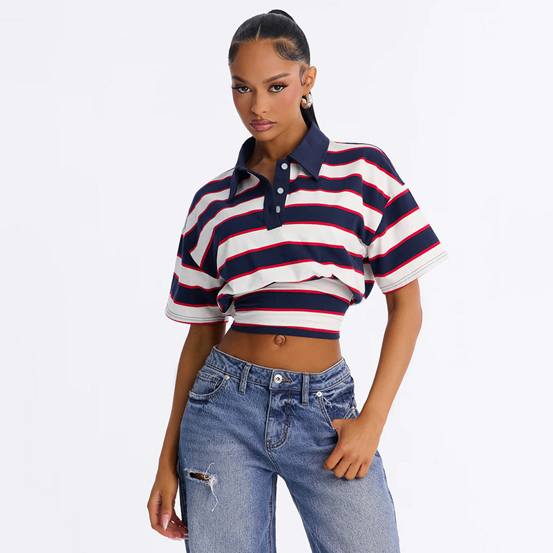 Q26Tp095 European and American Style Cross-Border Women's Clothing Summer New Color-Block Striped Shirt Collar Waist-Cinching Textured T-Shirt Top