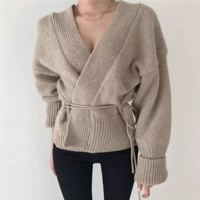 秋冬新款休闲慵懒风 外穿v领针织开衫毛衣外套设计感小众女装上衣