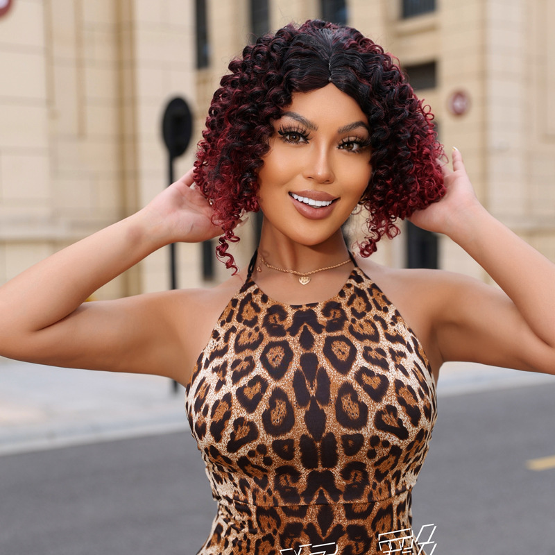 Burgundy European and American Foreign Trade Cross-Border Women's Wig with Middle Parting, Curly Bangs, African Small Curls, Roman Long Curly Hair