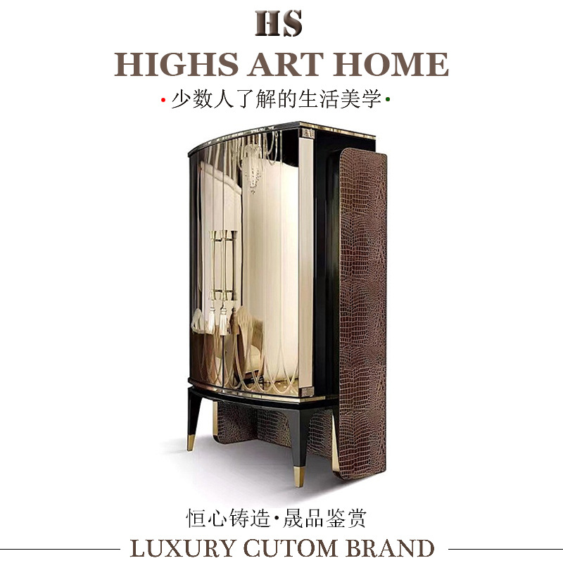 Italian Accessible Luxury Stainless Steel Wine Cabinet, High-End House Living Room Home Display Cabinet, Crocodile Leather Wall Storage Side Cabinet