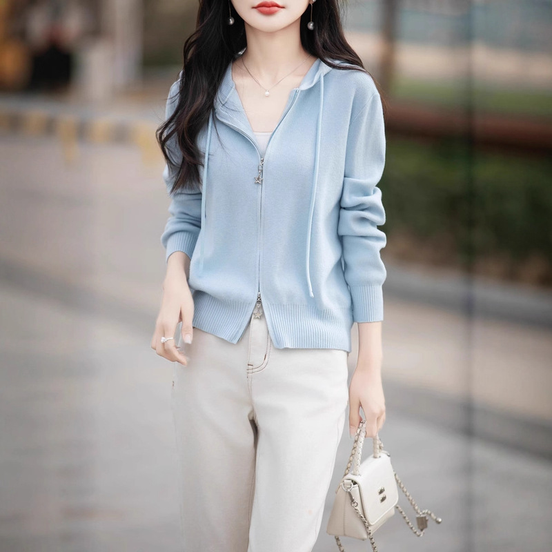 Autumn and Winter New Zipper Hooded Cardigan Women's Windproof Knitted Jacket Casual Lazy Style Sports Outerwear Wholesale