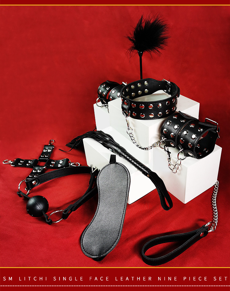 SM Bondage Kit 9-Piece Faux Leather Handcuffs Ball Gag Nipple Clamps Black — detail image 19