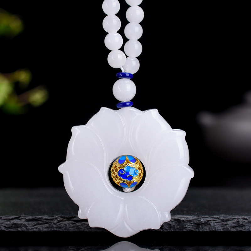 智贝详情图_4金丝玉毛衣链新疆白玉双面莲花项链景泰蓝配饰玉吊