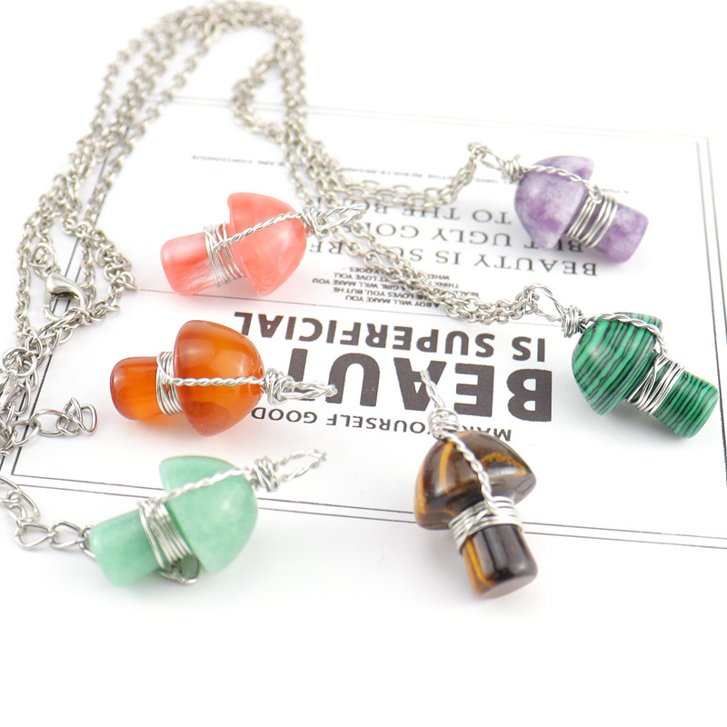 Retro Mushroom natural stone Copper Handmade Pendant Necklace 1 Piece