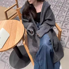 2025年秋冬新作韓国風ニットカーディガン、女性用、ゆったりとしたスタイル、フード付き、ミドル丈、ゆったりとした痩身セーター