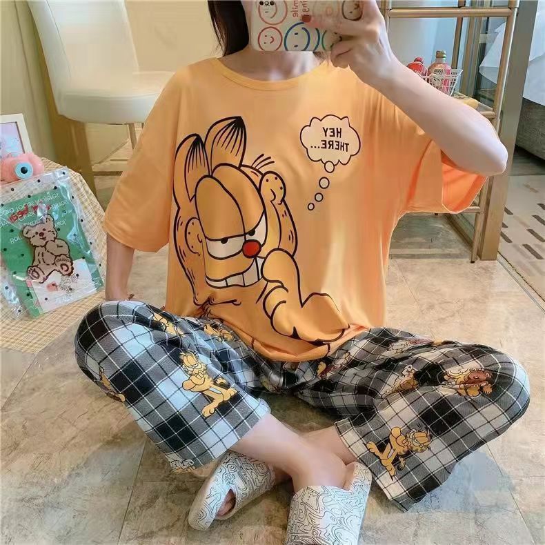 睡衣女春秋款5XL码新款短袖长裤女士印花可爱可外穿家居服套装|undefined