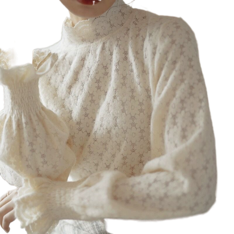 Fleece-lined Thickened Half-high Collar Lace Bottoming Shirt For Women