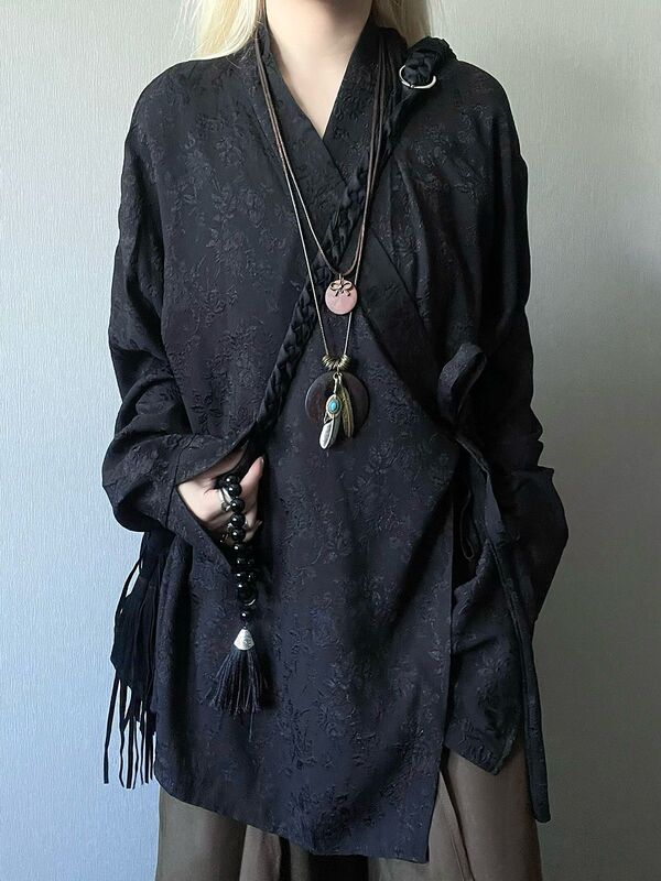 2025 New Vintage Yohji Yamamoto Style Floral Embroidery New Chinese Style Hanfu Robe Tie-Up Shirt Jacket for Men