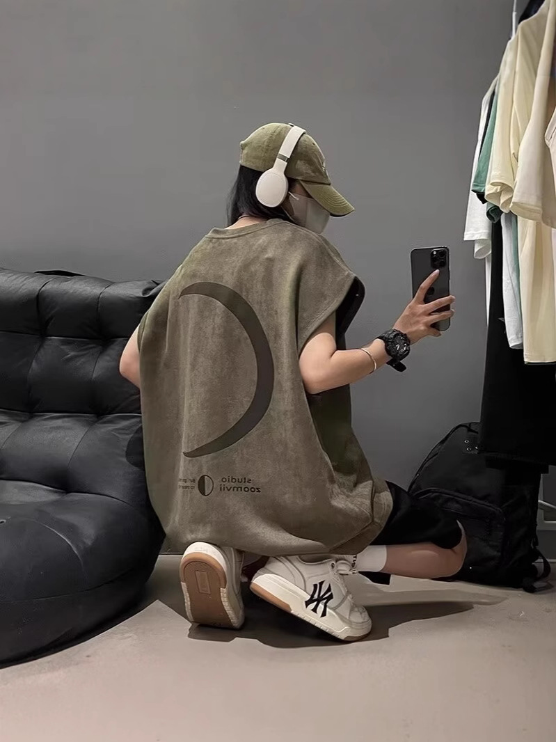 American leather print vest for men and women, sports loose sleeveless T-shirt summer INS trend brand shoulder jacket base T