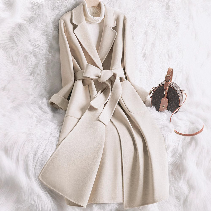 Double-Sided Cashmere Coat for Women, Mid-Length, 2026 New Style, Off-White, Elegant, Slim-Fit, Spring Woolen Coat with Belt Double-Sided Cashmere Coat for Women, Mid-Length, 2026 New Style, Off-White, Elegant, Slim-Fit, Spring Woolen Coat with Belt