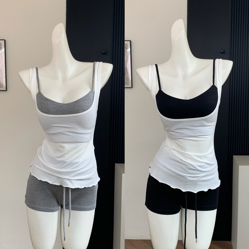 Beautiful Waist-To-Shoulder Ratio Lyocell Camisole Two-Piece Set for Women, Spring/Summer Camisole Top in White with Black Off-The-Shoulder Top Beautiful Waist-To-Shoulder Ratio Lyocell Camisole Two-Piece Set for Women, Spring/Summer Camisole Top in White with Black Off-The-Shoulder Top