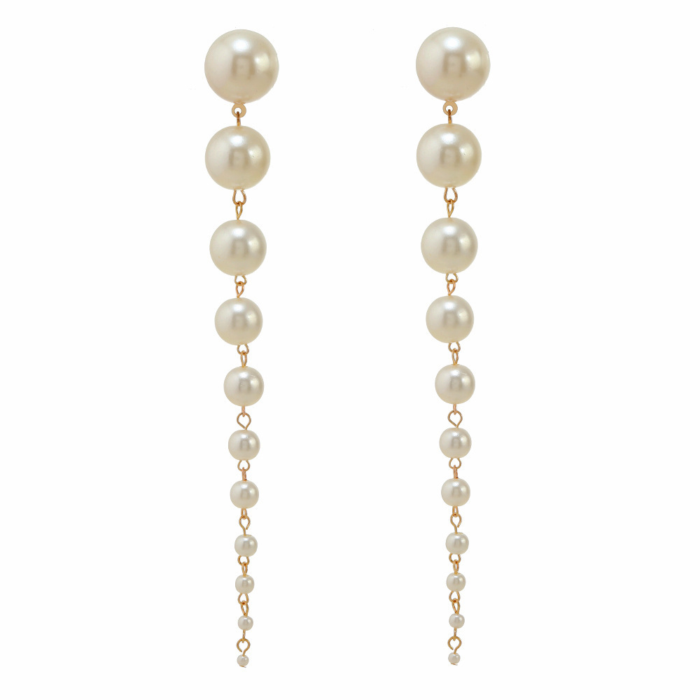 Brincos longos de pérolas, modelo Cross-Border, sucesso de vendas, com personalidade europeia e americana, exagerados e versáteis._voghion.com