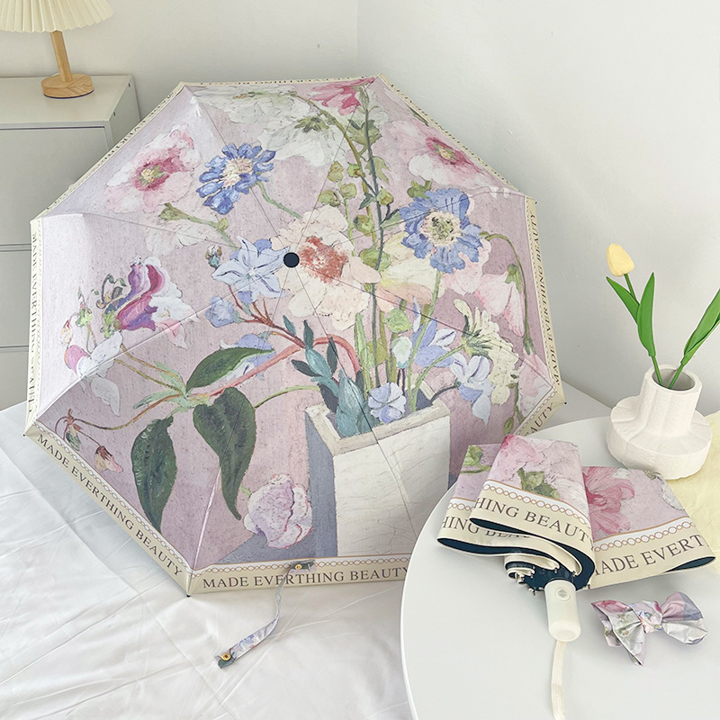 クロスボーダー日韓全自動小清新日傘傘女性日除け傘晴雨両用黒ゴム日焼け止め五折傘