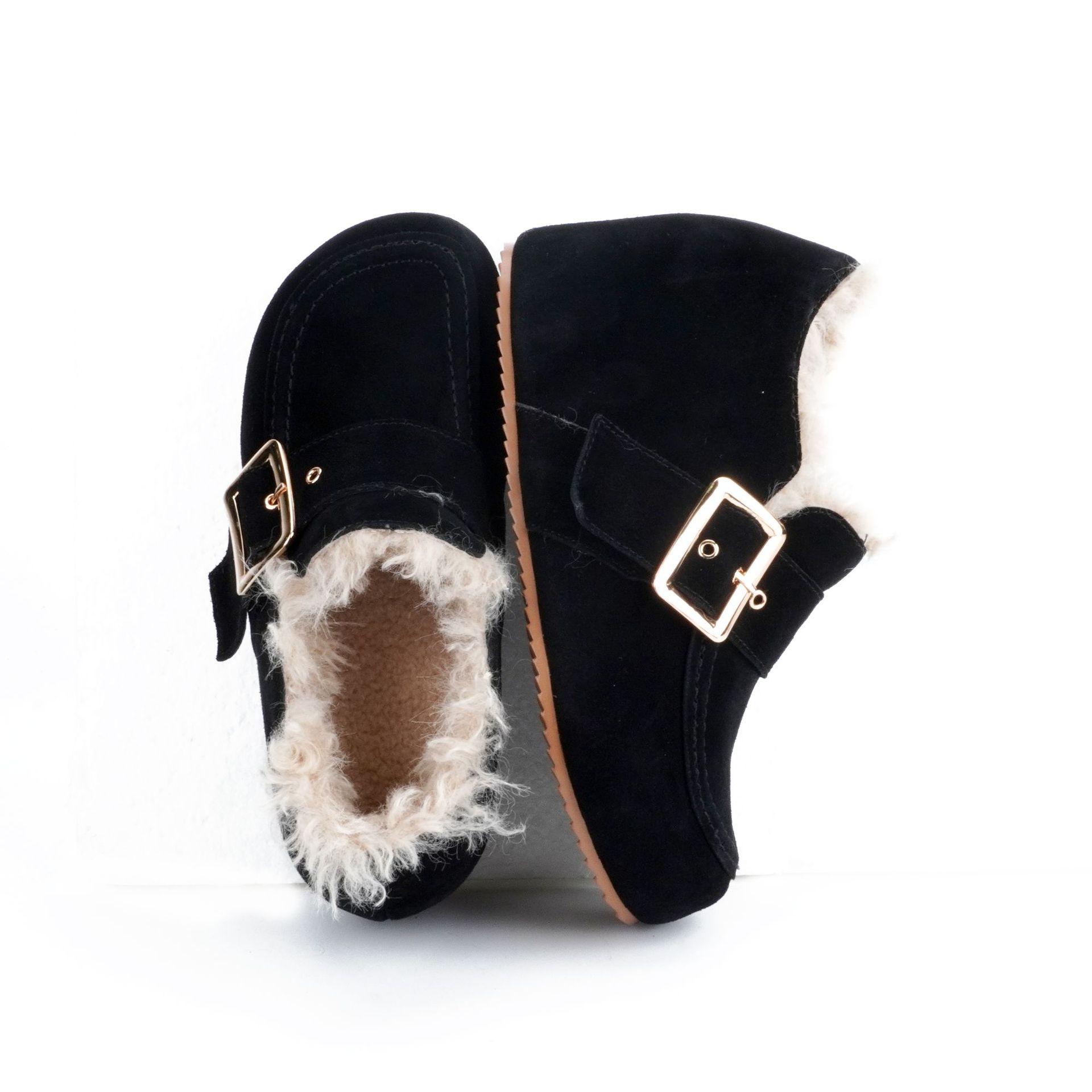 Giày lười nữ da nubuck lót lông mùa đông, đế mềm tăng chiều cao — màu đen