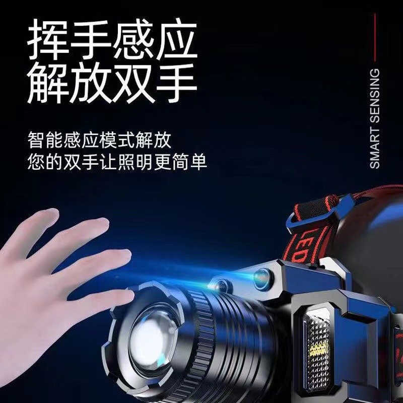 Inducción de cabeza de luz fuerte faro recargable iluminación remota al aire libre linterna LED superbrillante rojo y azul lámpara de minería lateral