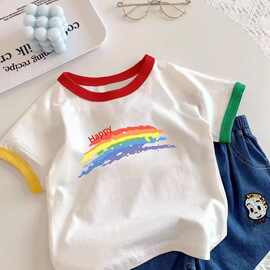 儿童纯棉短袖T2026夏季新款中大童拼色上衣宝宝韩版圆领薄款打底