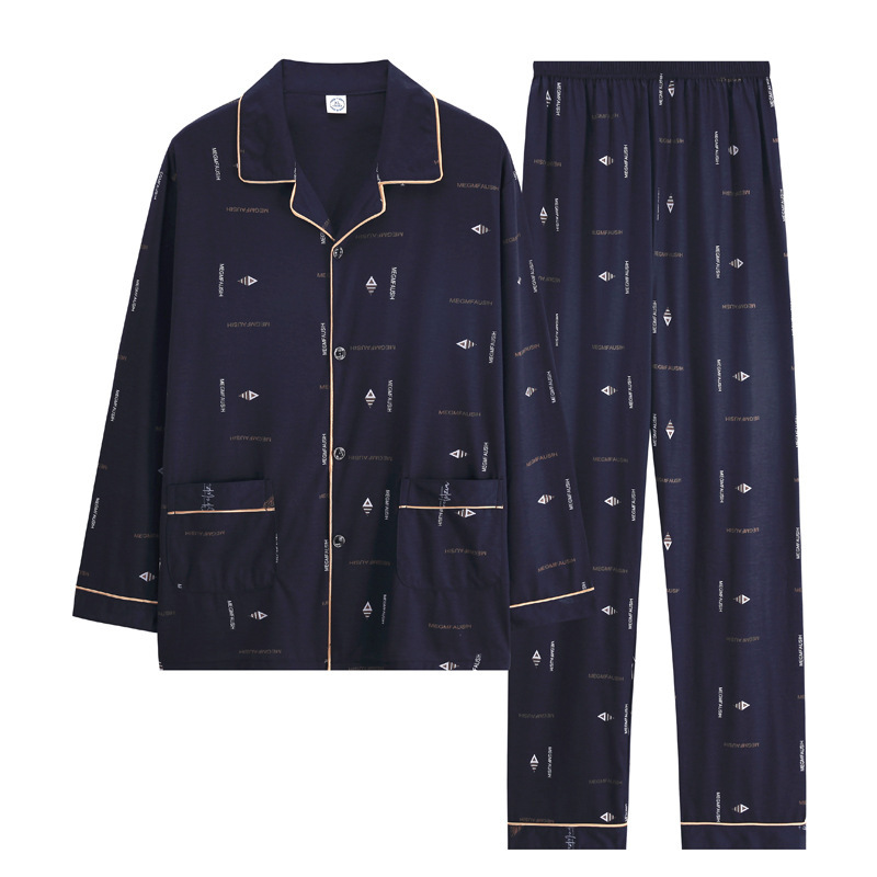 100% pijamas de algodón de manga larga de los hombres sueltos más tamaño aguja pequeño collar inverso joven y de mediana edad de primavera y otoño ropa de casa manga corta tejida