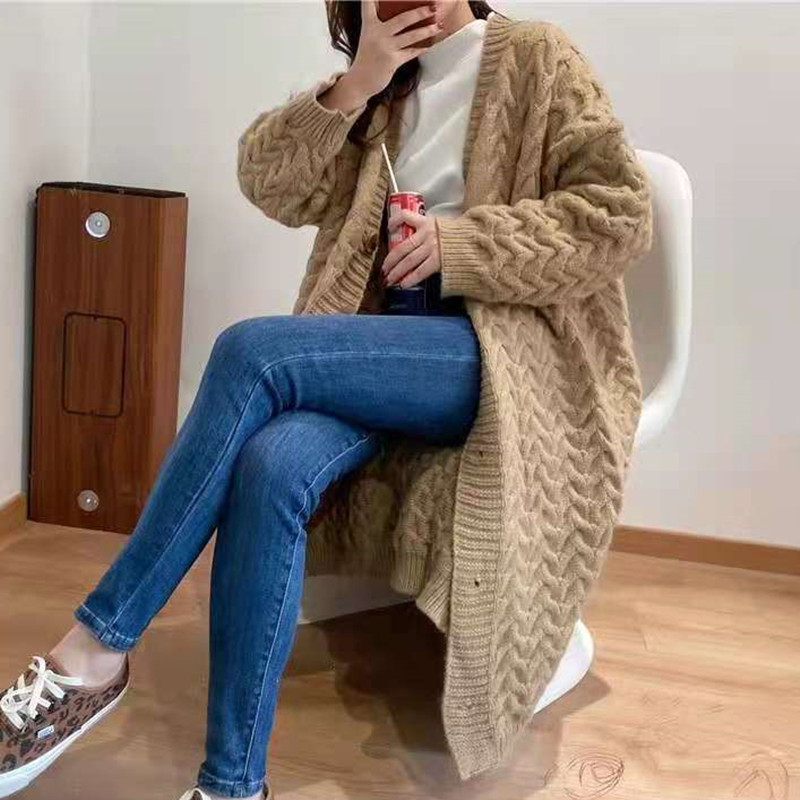 韩国厚麻花慵懒风大衣2025秋冬宽松显瘦超长款加厚开衫毛衣外套女