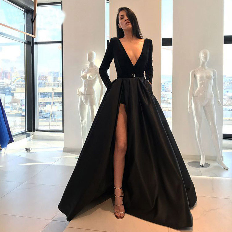 Vestido de noche de terciopelo para mujer, estilo europeo y americano, para comercio exterior, Amazon, AliExpress, Wish, con cuello en V y manga larga, para banquetes