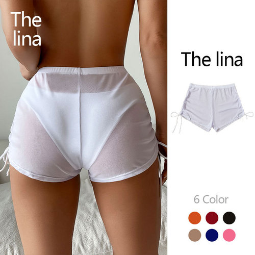 2025 European and American sexy solid color swimsuit women's four-pieces transparent mesh drawstring beach swimming trunks bikini shorts