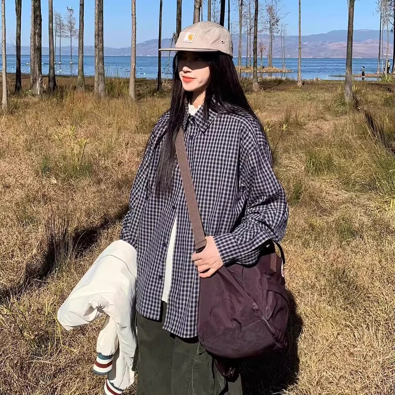 American Retro Style Versatile Plaid Shirt with a Turn-Down Collar for Men and Women, Loose Casual Couple's Long-Sleeve Shirt Jacket for Spring and Autumn