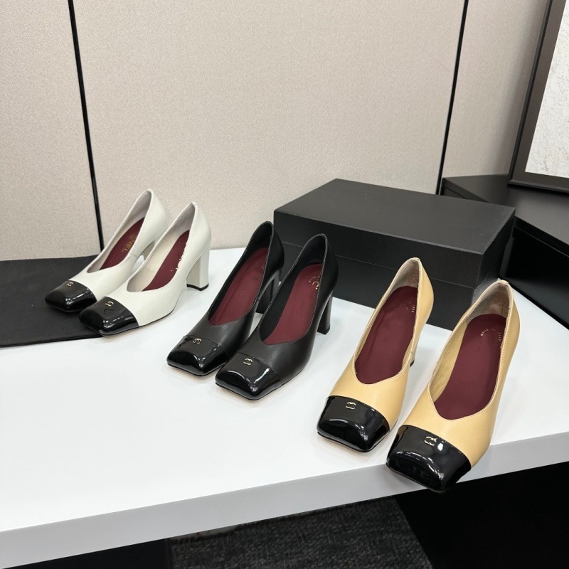 2026 Spring/Summer French Style Square-Toe Genuine Leather Chunky High-Heel Pumps, Chanel-Inspired Color-Block Open-Back Closed-Toe Sandals for Foreign Trade and Cross-Border E-Commerce