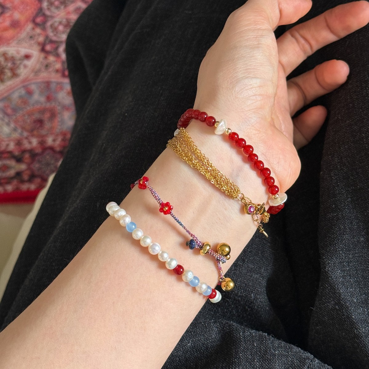 手作精致编织多层链条红宝石简约叠戴红玛瑙天然淡水珍珠小花手串