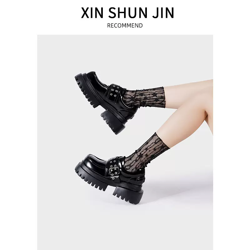 乐福鞋女2025新款甜酷布洛克风厚底增高单鞋复古黑色防滑小皮鞋