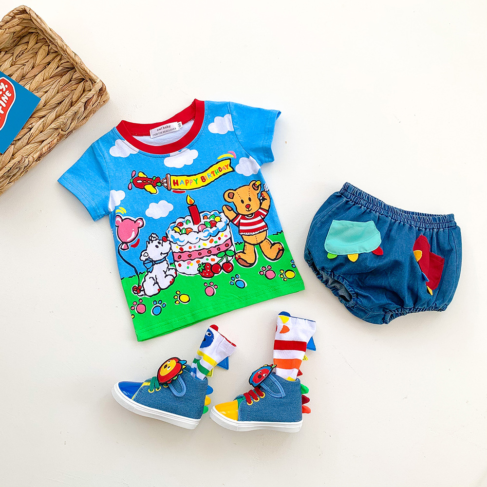 现货M-K重工满印生日蛋糕短袖t恤儿童生日纪念款宝宝周岁服|ru