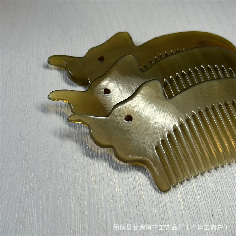 Yak Horn Comb Elephant Fine Tooth Scalp Massage Comb 10-15CM Engraved Gift in use