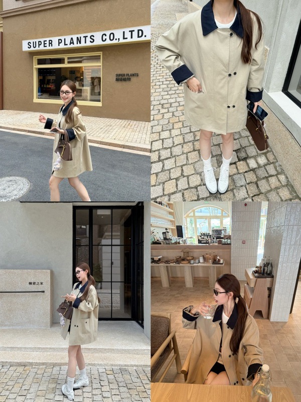 慵懒感polo领撞色长袖风衣外套女2025秋季新款休闲宽松中长款大衣|undefined