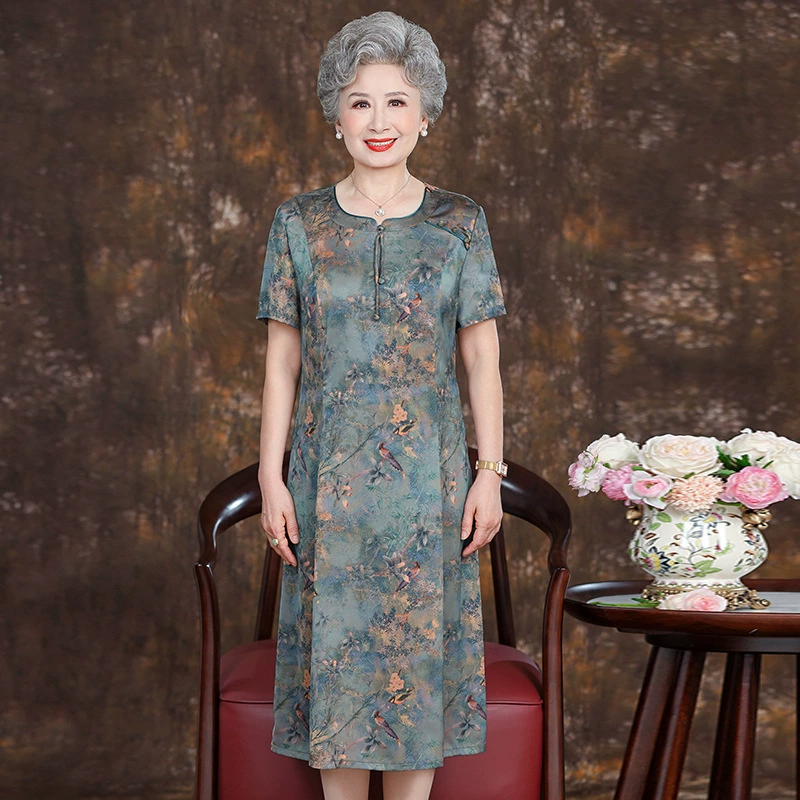 Летняя юбка из искусственного шелка с короткими рукавами для мамы, средней длины, для бабушек среднего и пожилого возраста, шелковое атласное платье выше колена, одежда для пожилых людей
