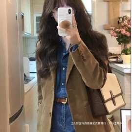 2025春秋季新款小西服小个子感气质优雅驼色百搭灯芯绒外套女