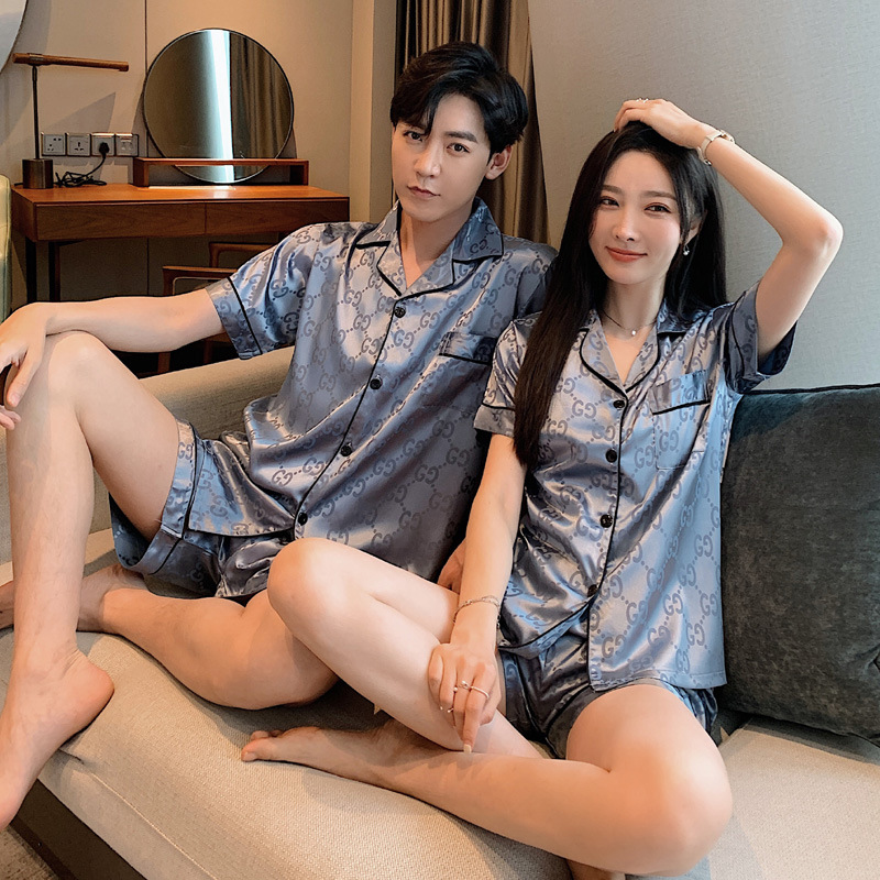 Pijamas de mujer de verano de seda de hielo de manga corta delgada de seda real de alto grado pata de gallo desgaste del hogar traje de hombre