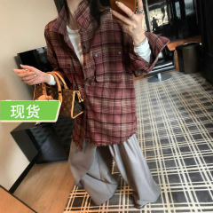 欧阳格子毛边衬衫外套女秋季新款宽松复古衬衣设计感小众上衣