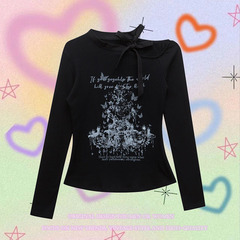 TKPA早春新款暗黑風印花少女辣妹露肩蝴蝶結綁帶修身打底長袖T恤