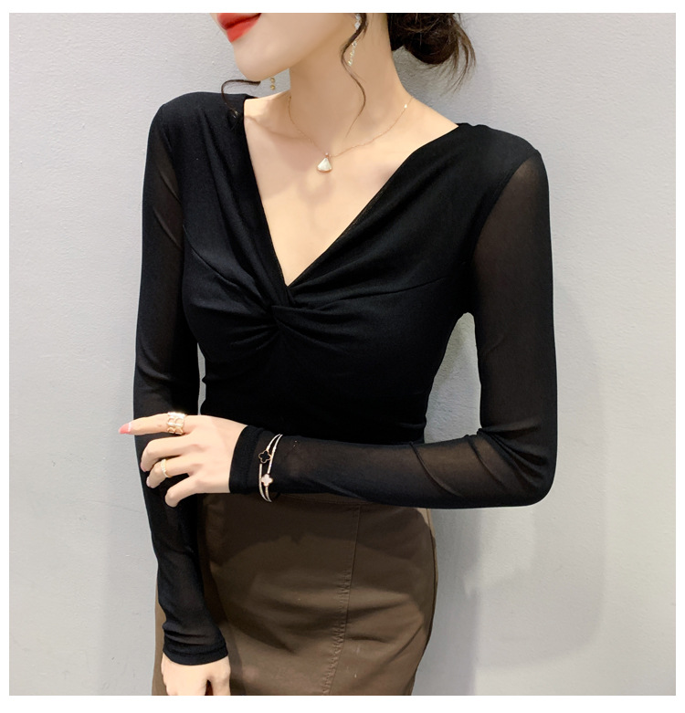 T-shirt da donna slim in rete a maniche lunghe con camicia slim a fondo incrociato_voghion.com