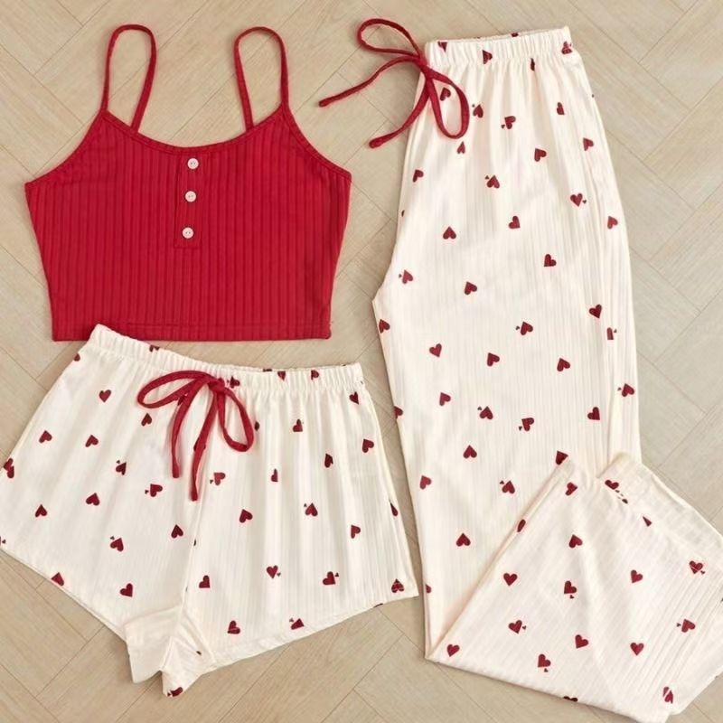 Women's Love Printed Pajamas Women's Spring and Summer Sweet Cute Three-piece Suit High-grade Sling Shorts suit Sexy