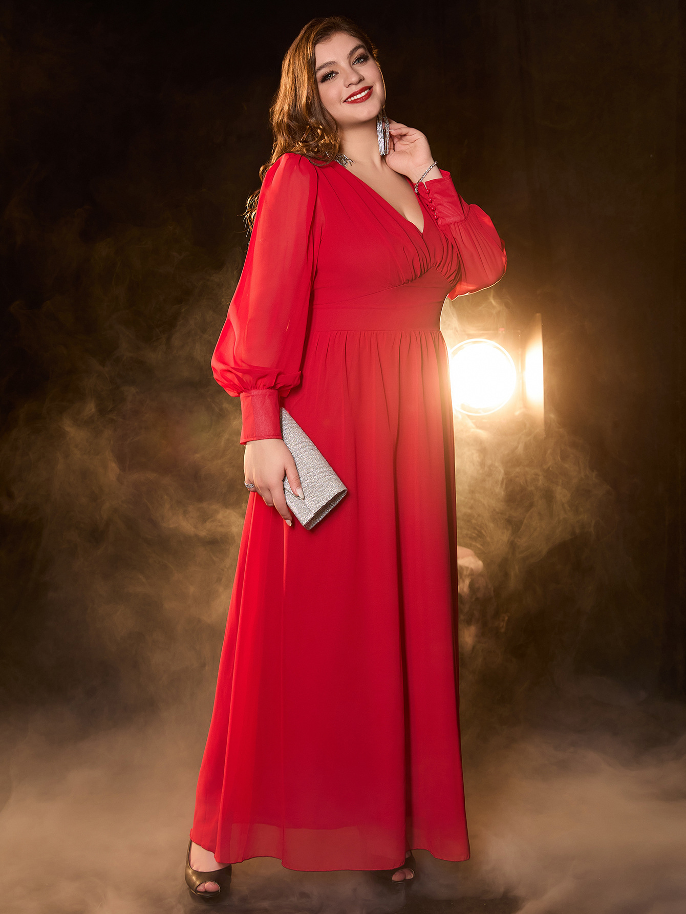 Vestido de talla grande, nuevo vestido largo de gasa con cuello en V y manga larga para mujer, exclusivamente para venta al por mayor transfronteriza.