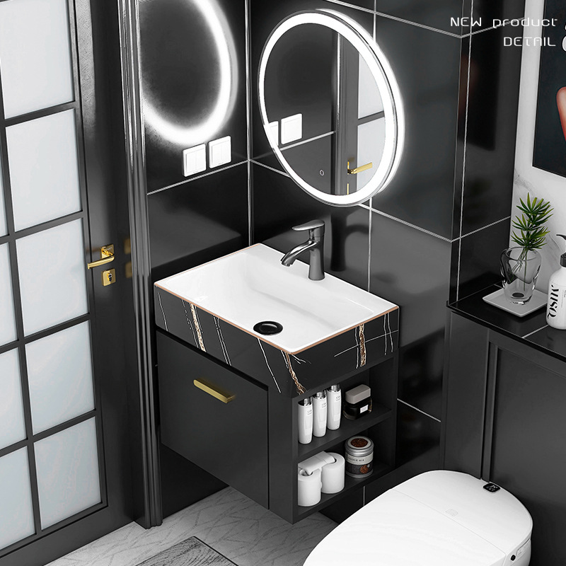 Mueble de baño de madera maciza pequeño apartamento Lado de almacenamiento combinación de gabinete lavabo baño integrado cerámica lavabo