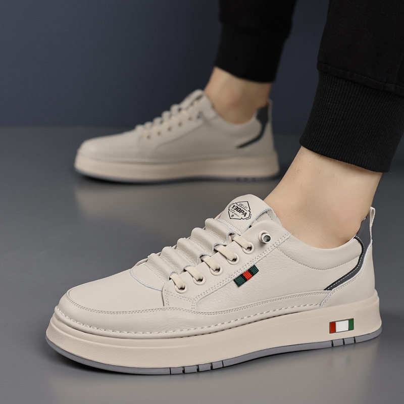 Giày da nam cổ thấp đế bằng, sneaker da bò mũi tròn phối dây thun, đế mềm thoáng khí — PZ7775 Màu nâu, PZ7775 màu be, PZ7775 màu trắng, PZ7775 màu đen