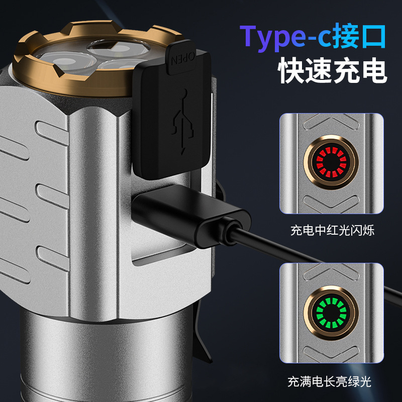 Trabajo de reparación de mano al aire libre súper brillante de tres ojos, pequeña linterna magnética explosiva, luz de aleación de aluminio para el hogar, linterna, luz fuerte